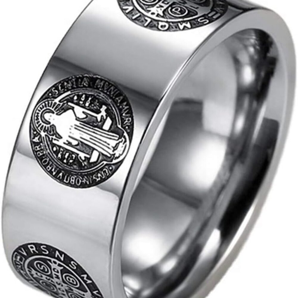 8mm Stainless Steel Saint Benedict Exorcism Ring Jesus Cross Demon Protection CS
